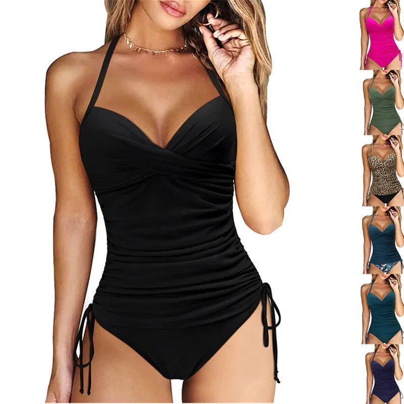 Women's black nylon high waist bikini set with slim fit briefs.