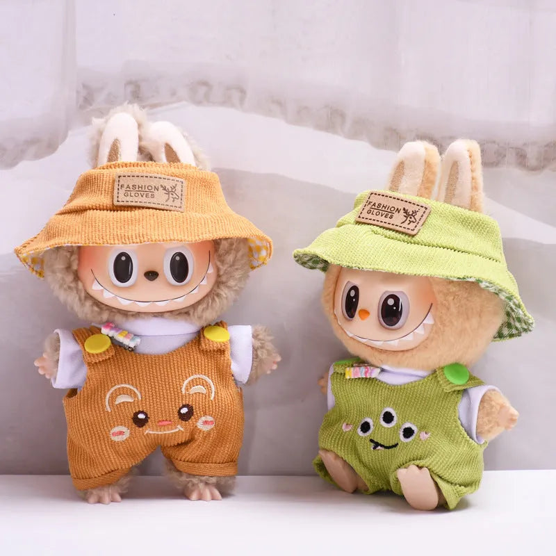 Three-piece doll clothes set with cartoon suspender pants and hat for pendant dolls in matcha colour, cloth material