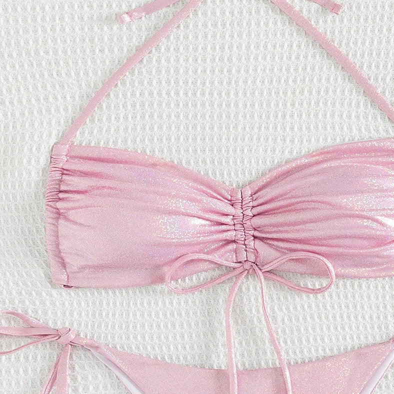 Pink women's reflective bikini swimsuit with adjustable drawstring straps for enhanced water visibility