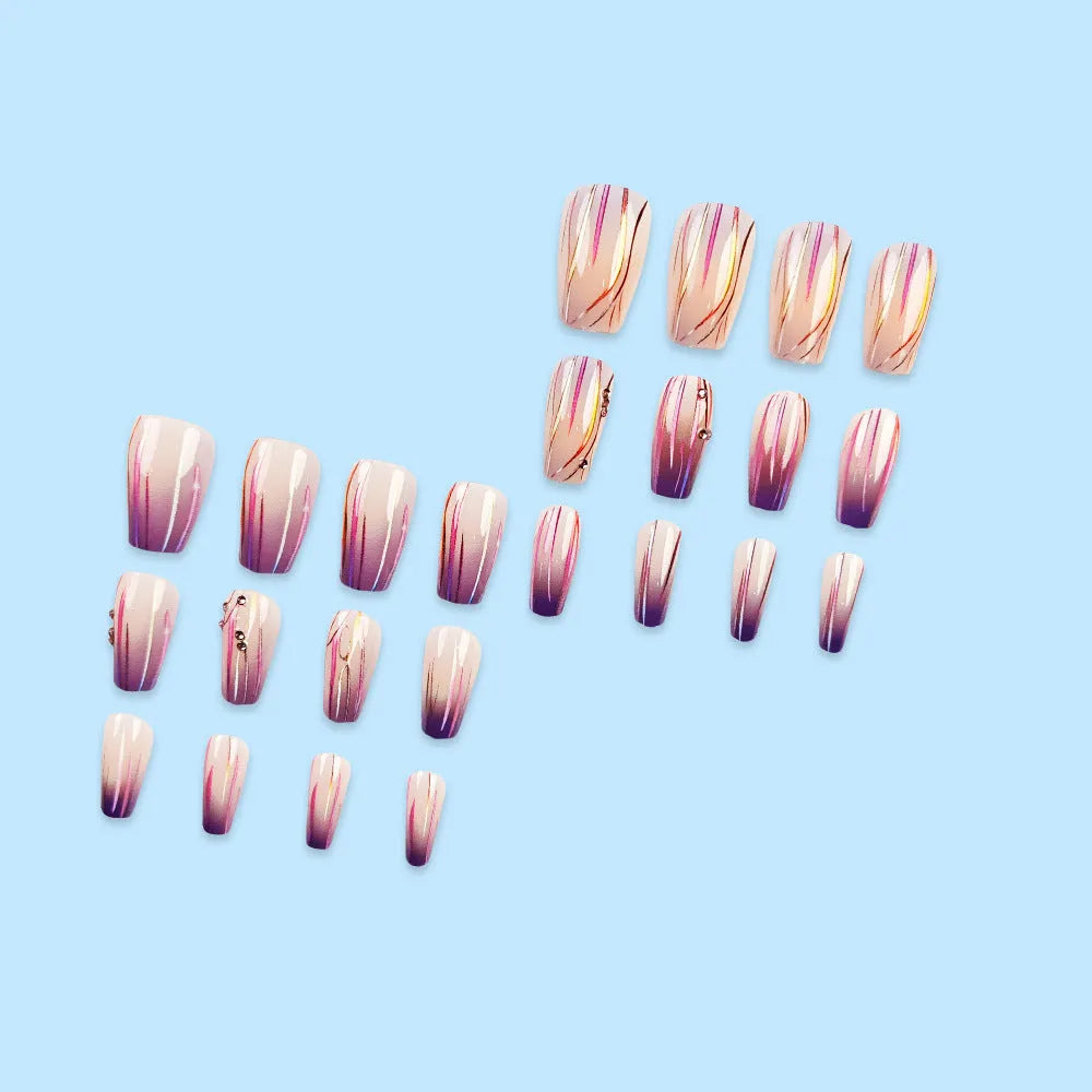 Magic purple gradient nail stickers with starry sky pattern, jelly glue, and 24 decals on a pink background.