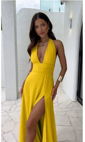 Stylish halter v-neck dress with slit and backless design, available in multiple colors