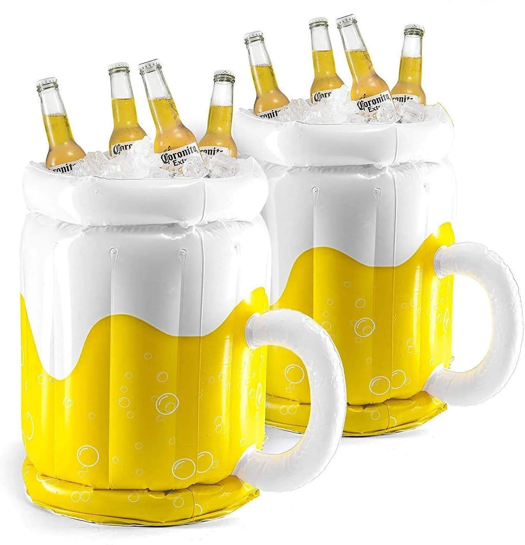Large yellow inflatable beer mug cooler floating in swimming pool with drinks