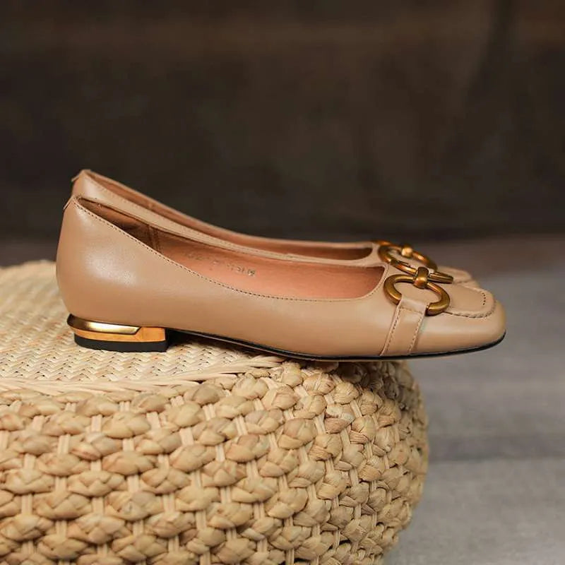 Women's Mary Jane style low heel pumps with shallow mouth opening and metal detailing in various colour options