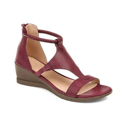 Stylish wedge heel sandals in a variety of classic colors, featuring a round toe design and convenient back zipper closure for easy on and off.