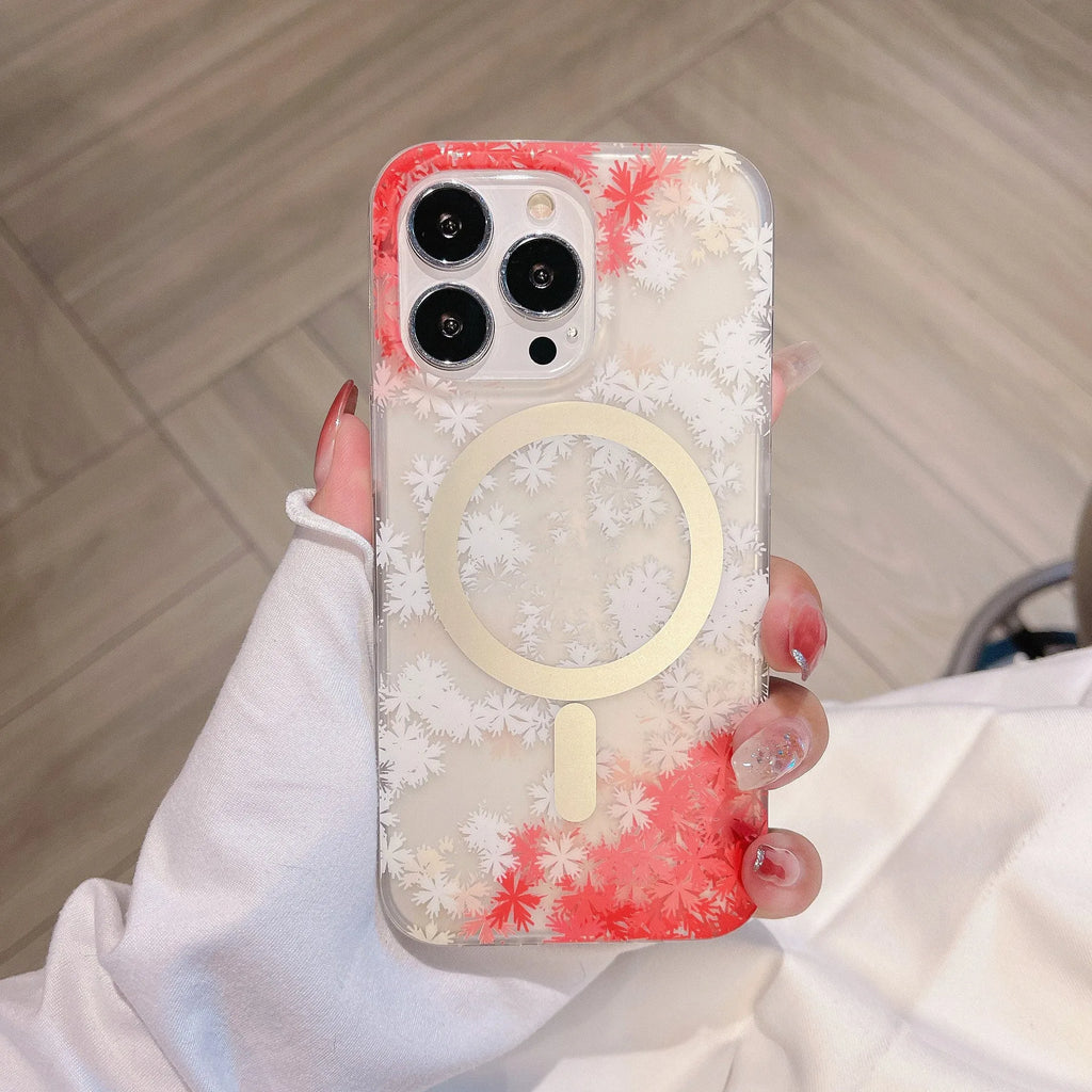 Magnetic suction clear frosted flower phone case for iPhone showing rear cover with floral pattern