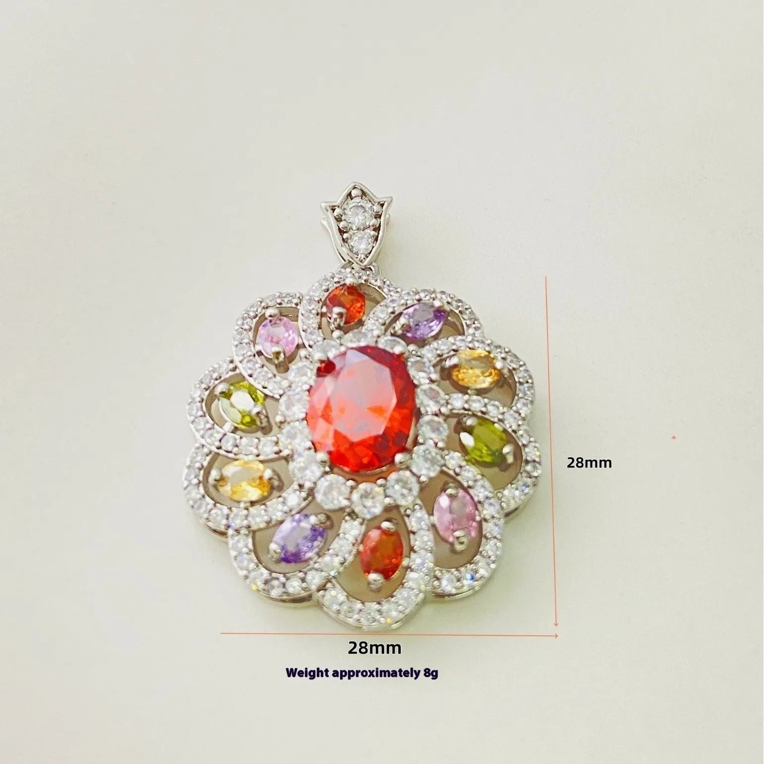 Close-up of a women's flower-shaped zircon pendant necklace in a gold tone on a model.