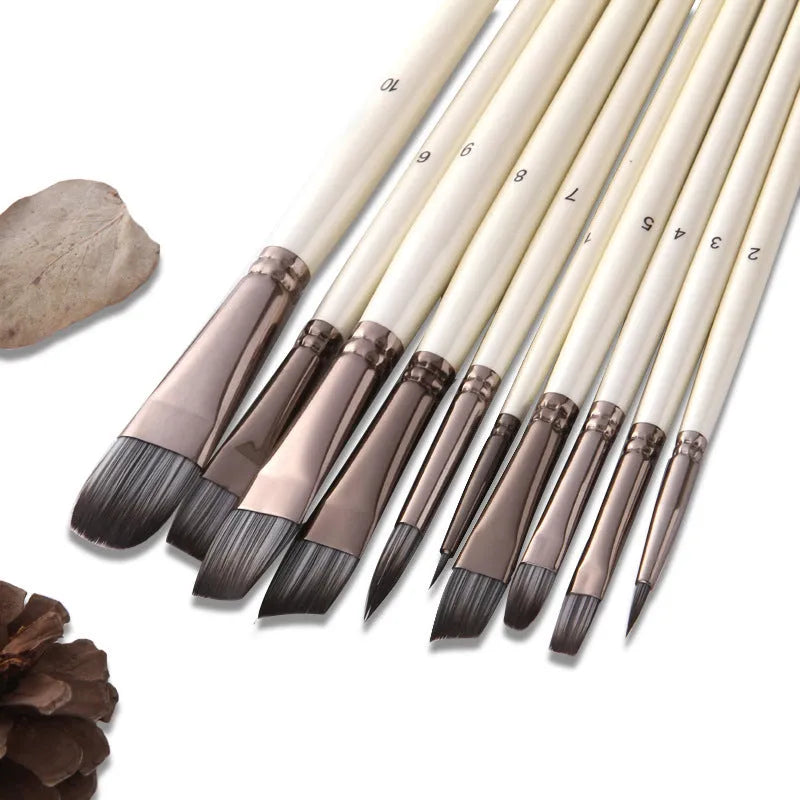 Set of 10 pearl white nylon watercolour brushes with wooden handles in a PVC bag
