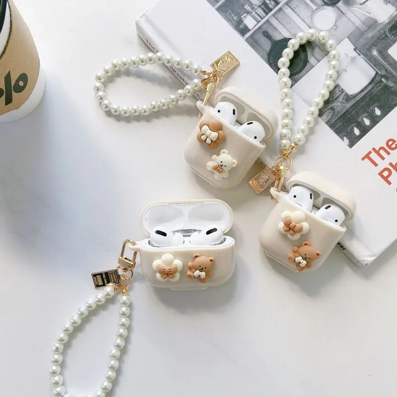 Rice White Bear TPU silicone protective shell for AirPods case with pearl chain