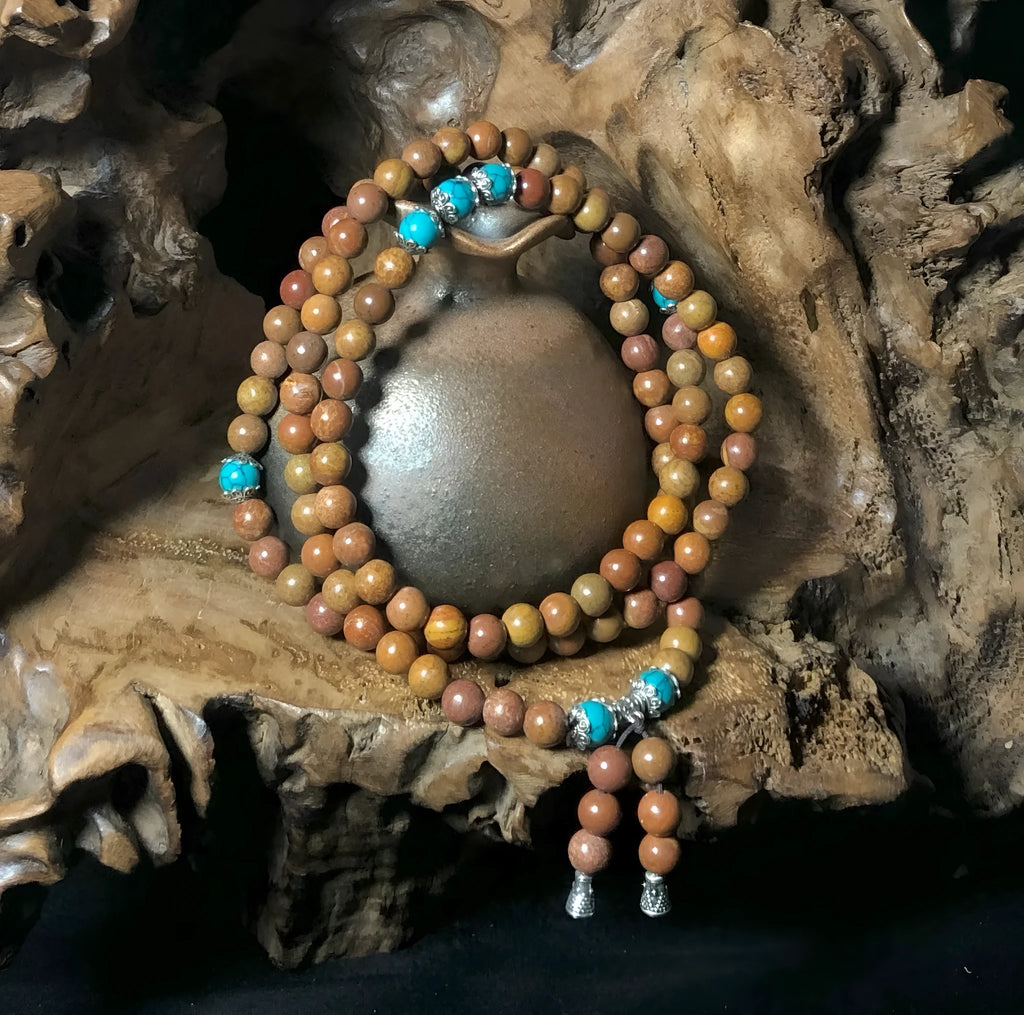 108 bead Lvzhu stone bracelet with hand-polished 5-6mm beads in geometric design