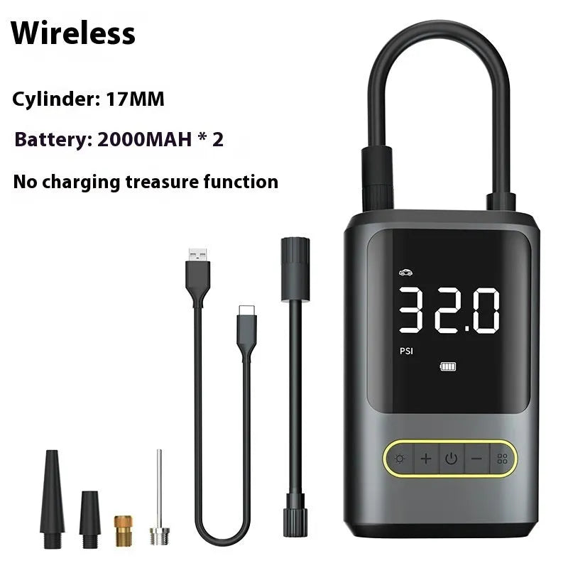 Black mini portable wireless car tyre inflator pump with LED light and air hose on dark background