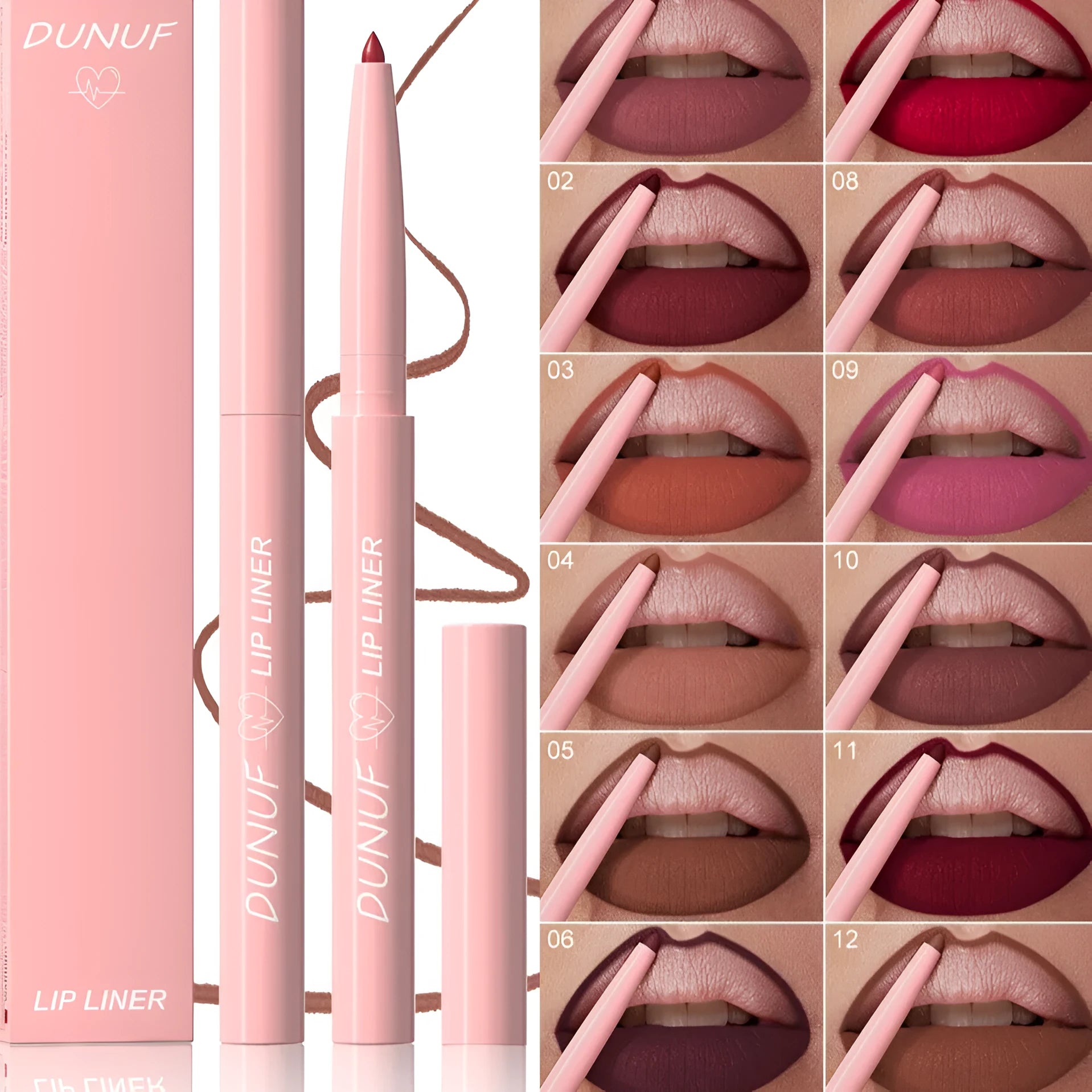 Matte velvet finish lip liner pencil shown in 12 colour options from No.01 to No.12