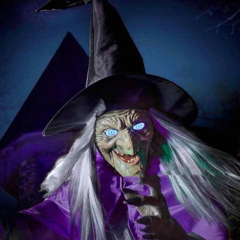 Halloween flying witch decoration with broom and scary sound, 180cm tall