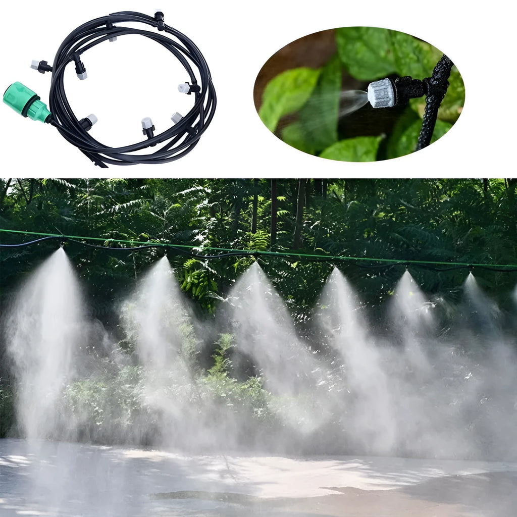 10 metre garden irrigation hose mist system with micro spray heads for cooling and humidification