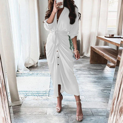 Elegant and chic floral print long-sleeved lace-up maxi dress with deep v-neck and empire waist