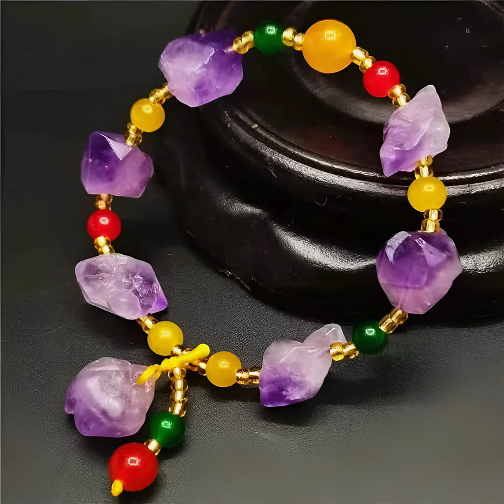 Purple amethyst bracelet with natural shaped beads and Chinese fu character charm for women
