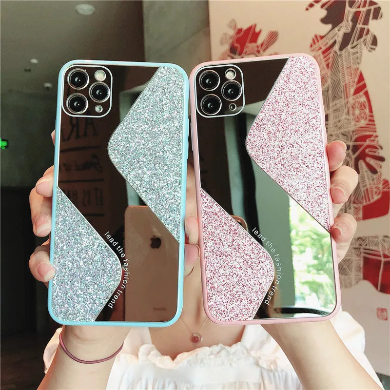 Luxury glitter phone case with rhinestones for iPhone in black, blue, and pink colours