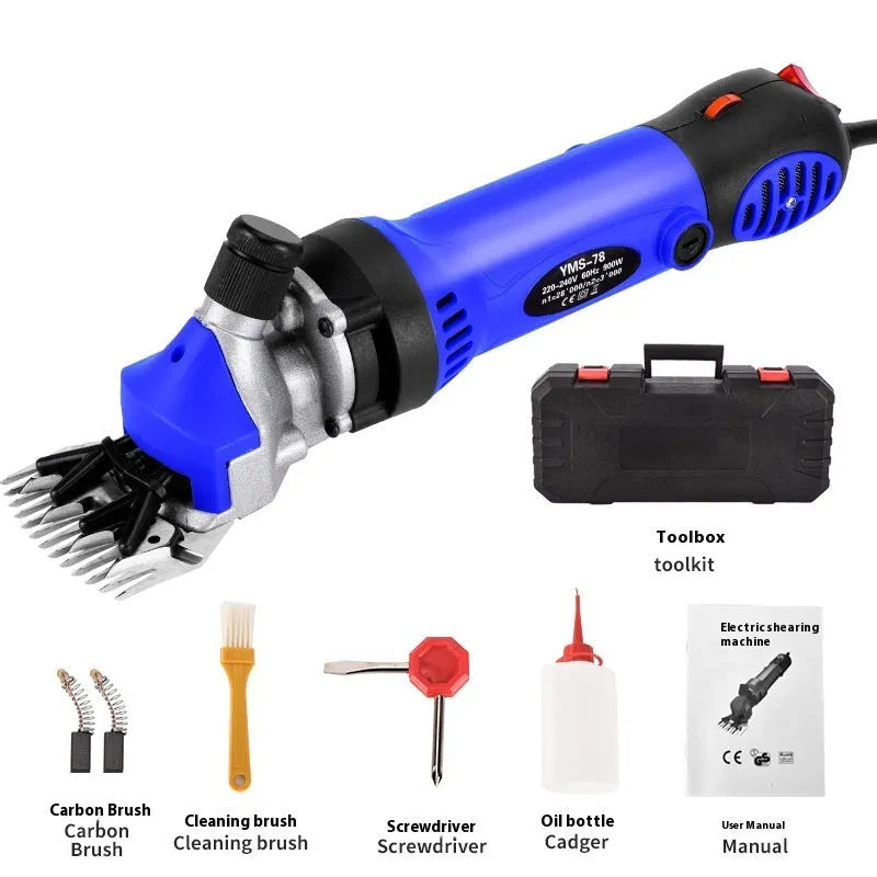 Yellow American 110V electric wool shears kit with multiple blade pairs and maintenance tools