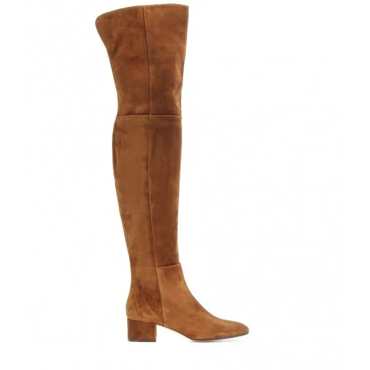 Women's grey over-the-knee flat boots with pointed toe and thick rubber sole