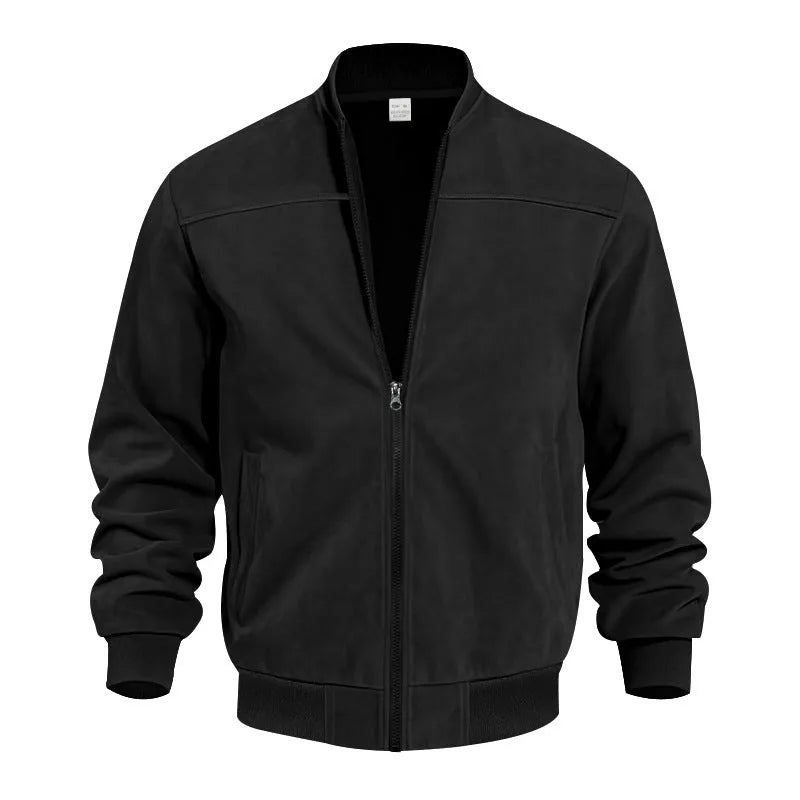 Men's plus size casual suede jacket in Army Green colour with a zipper front.