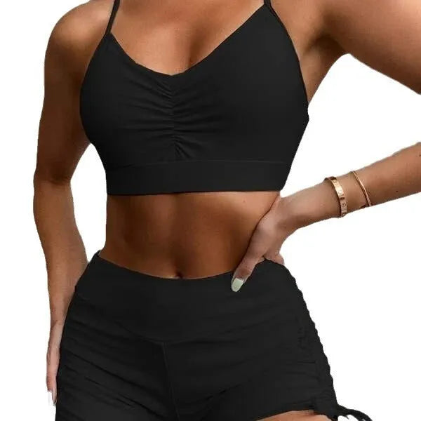 Women's high-waisted split bikini swimsuit in black or violet colour.