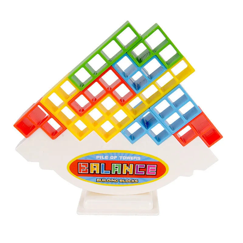 Plastic balancing stacking game with 16 colourful blocks and chassis for family entertainment