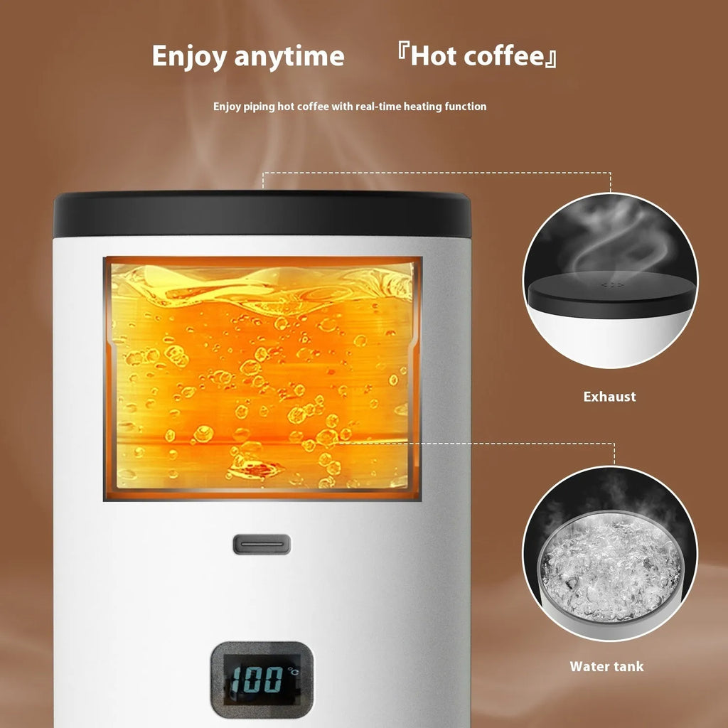 Portable capsule coffee machine in champagne colour with LCD display and wireless heating for travel use