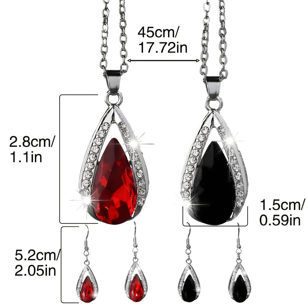 Black and red teardrop glass pendant alloy necklace and earrings jewellery set