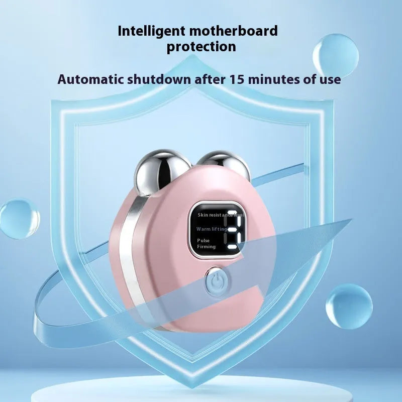 Portable white micro current double-roller facial massage instrument with hot compress function and USB charging cable.