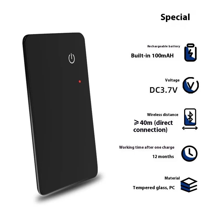 Black wireless charging pet tracker card measuring 85mm by 54mm with NFC feature and hanging hole