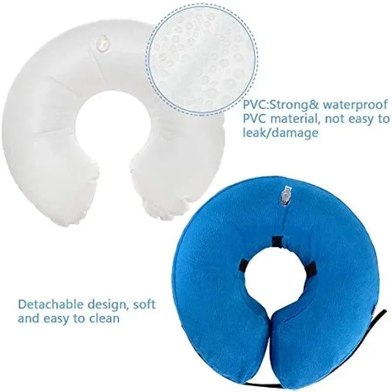 Blue inflatable dog recovery collar with velcro closure shown beside size measurement chart