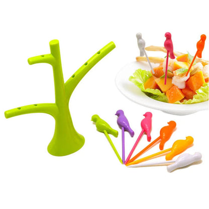 Kids' plastic fruit fork set with tree and birds design in vibrant colours