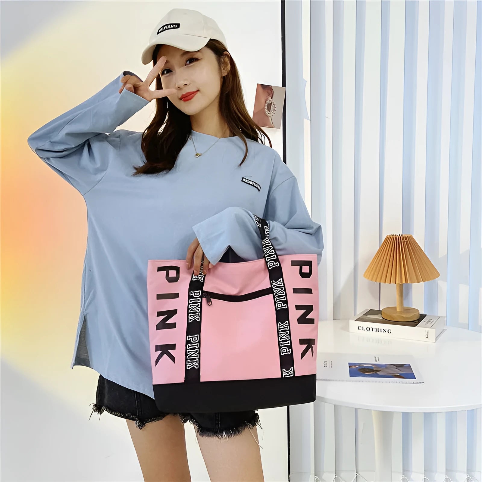 Soft canvas handbag with large capacity, horizontal square shape, double shoulder straps, and sandwich pocket in pink