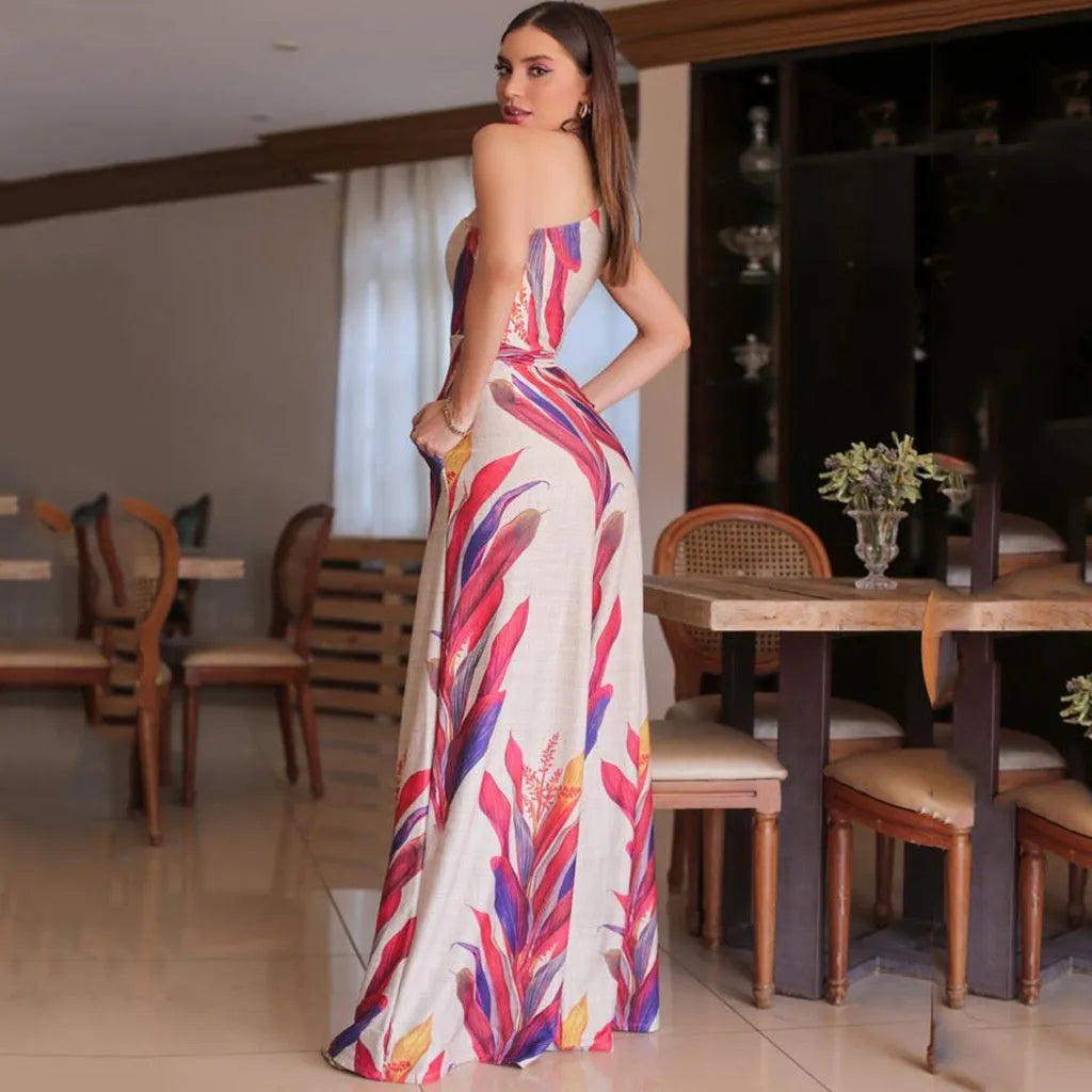 Women's one-shoulder printed sleeveless long dress in polyester, slim fit, urban style, available in sizes S to 3XL