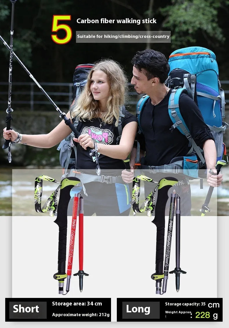 Carbon fibre folding climbing cane with tungsten steel tip shown extended and collapsed