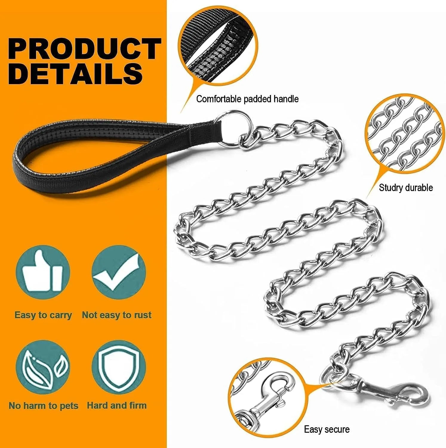 Heavy duty metal dog leash with a soft black padded handle and a silver chain, shown alongside blue and red colour options.