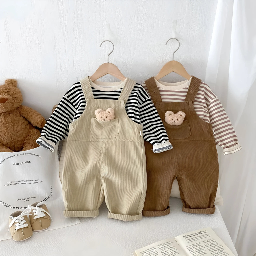 Boys' bear-style corduroy suspender overalls in apricot, solid colour, suitable for 73-100cm height