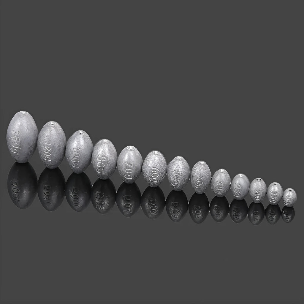 Rugby-shaped olive lead fishing sinker with scale texture, showing plastic core and weight options from 10g to 150g.