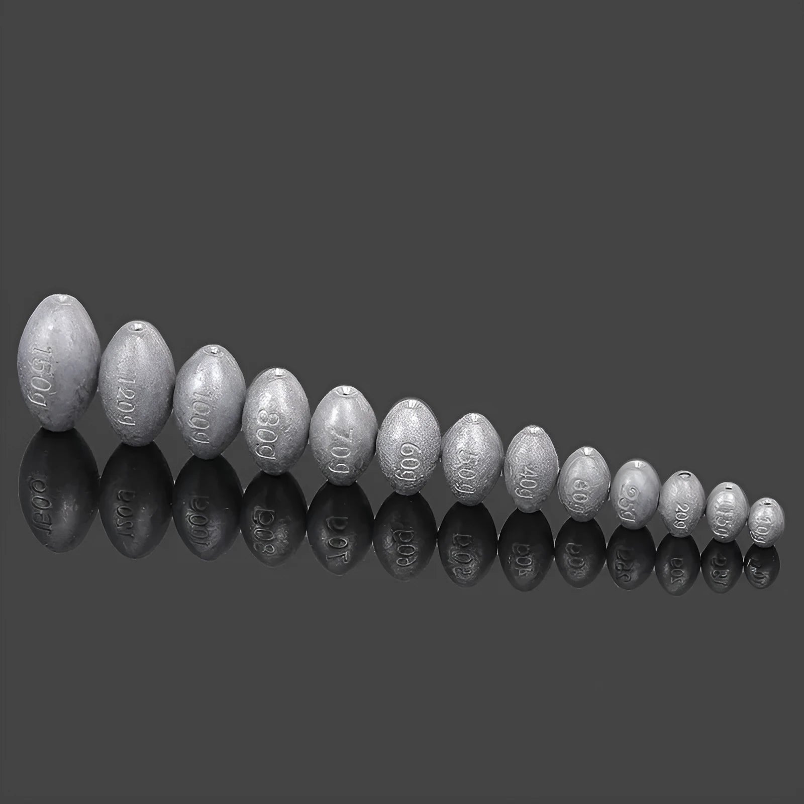 Rugby-shaped olive lead fishing sinker with scale texture, showing plastic core and weight options from 10g to 150g.