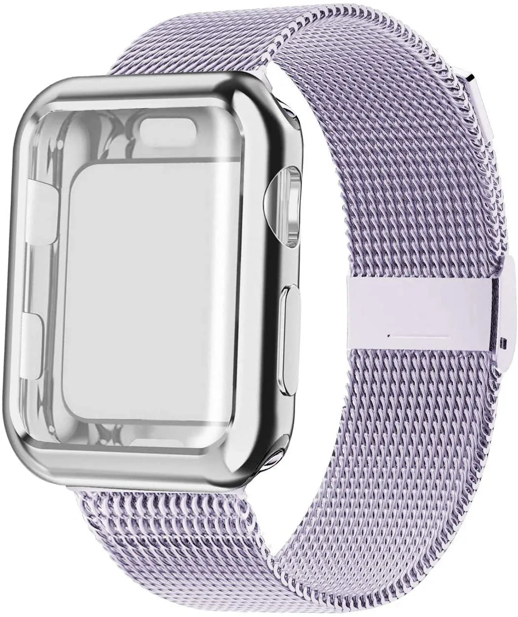 Silver magnetic Milanese metal band for Apple Watch on a wrist, showing the clasp.