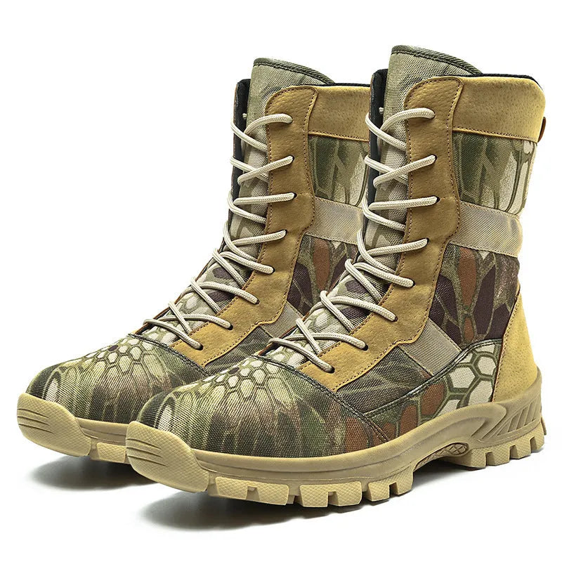 Plus size men's black and camouflage high-top Martin boots with mesh uppers and sports styling