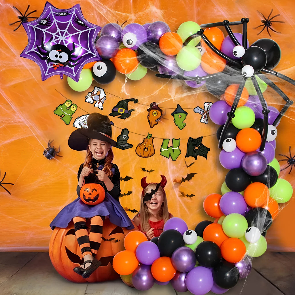 Halloween spider web balloon arch decoration set with skull and pumpkin themed balloons in white and black