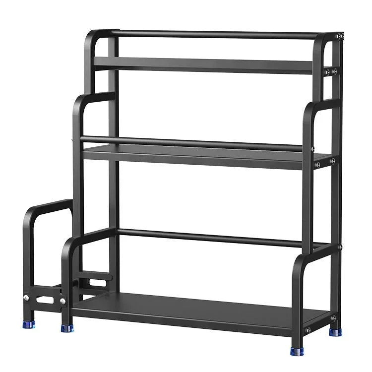 Carbon steel kitchen floor storage rack with knife holder, chopsticks holder, cutting board holder, and six hooks in a modern style
