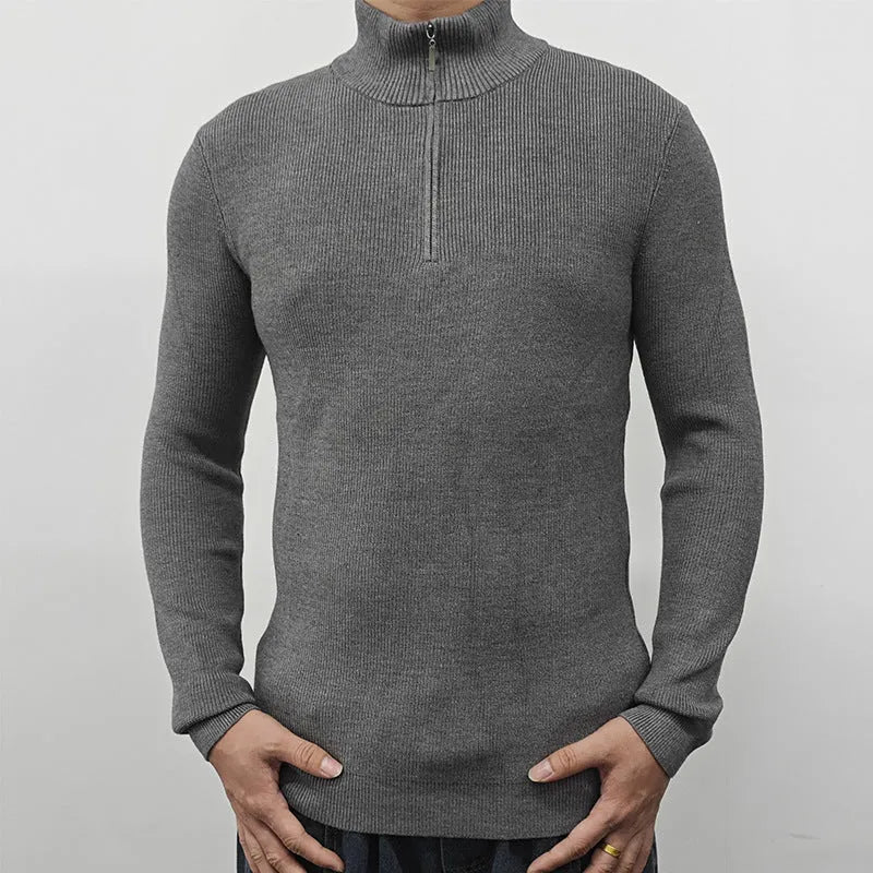 Men's black half-turtleneck zipper sweater in American style on a hanger.