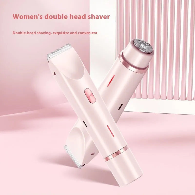 Pink women's electric hair trimmer with double head for body and pubic hair removal
