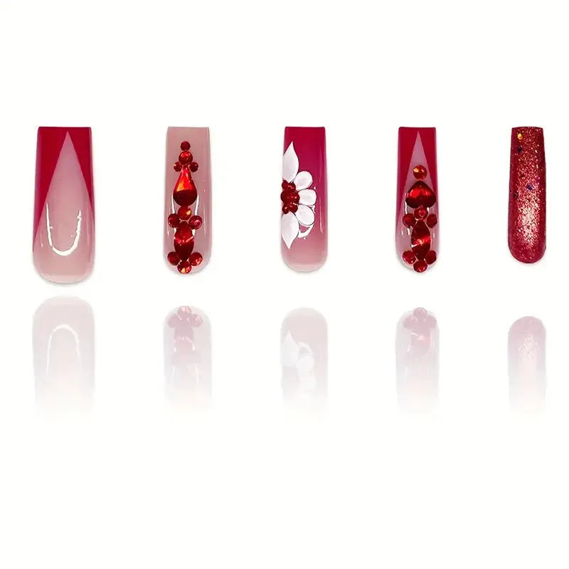 Sweet Flowers pattern fake nails with red diamond accents, European square long shape