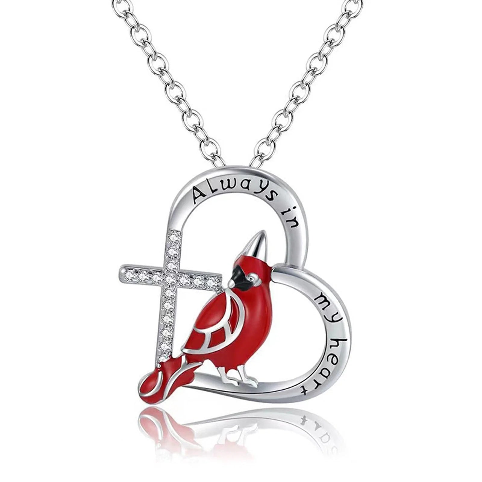 Heart shaped cardinal pendant necklace with silver water wave chain