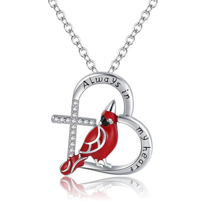 Heart shaped cardinal pendant necklace with silver water wave chain
