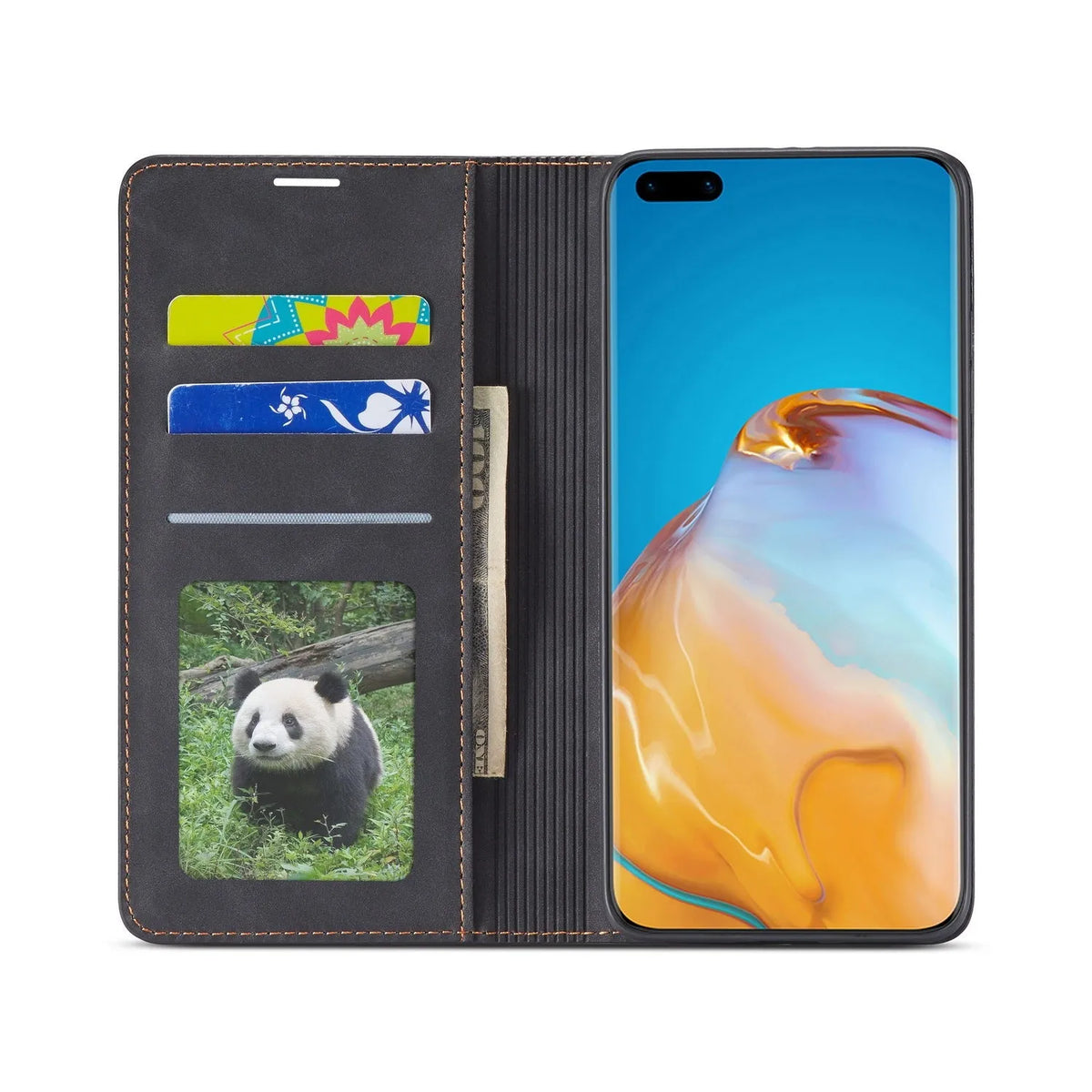 Flip-style card-inserting mobile phone case in black for Huawei P40Pro with card slots visible