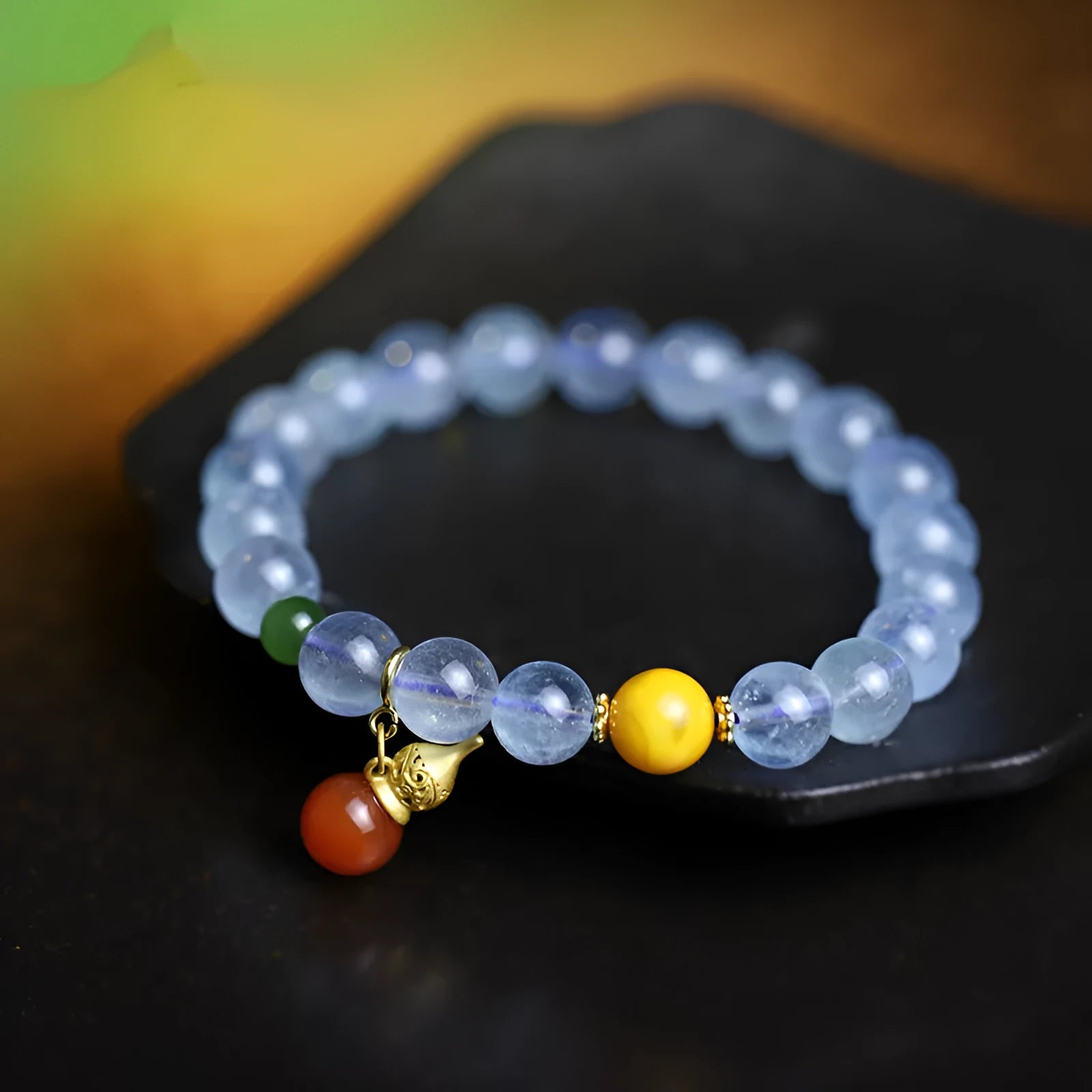8mm aquamarine crystal bracelet with geometric design and ethnic retro styling in iced aquamarine colour