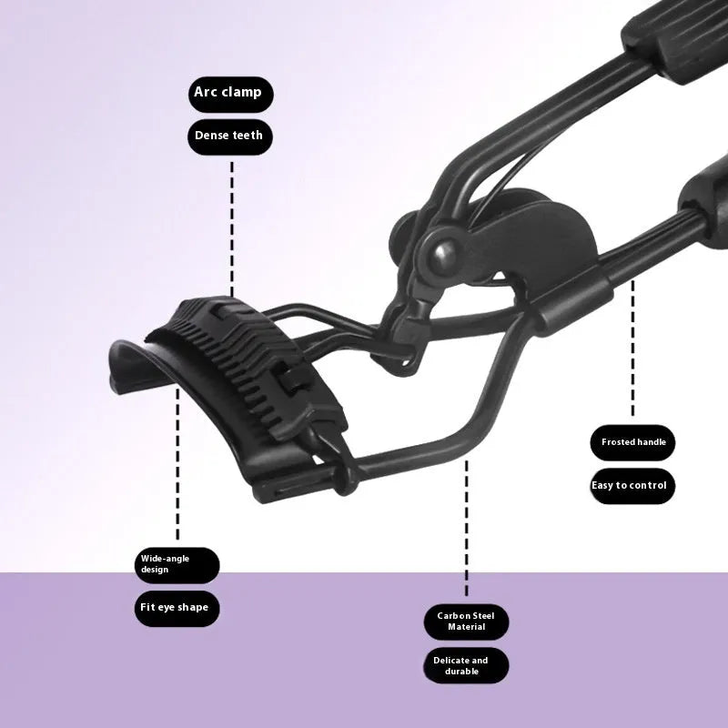A4 manual eyelash curler with comb in black ribbon finish, carbon steel and ABS construction.